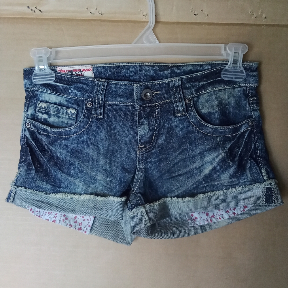 Women's 1st Kiss Jean Shorts Distressed Style Cuffed Raw Hem Dark Acid Wash